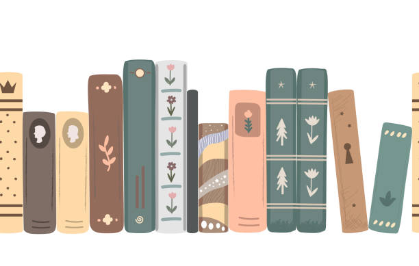 Seamless border of vintage novel and fairy tales books. Standing books composition isolated on white background. Home library. Vector illustration Seamless border of vintage novel and fairy tales books. Standing books composition isolated on white background. Home library. Vector illustration. book binding illustrations stock illustrations