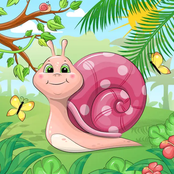 Vector illustration of Cute cartoon snail in nature.