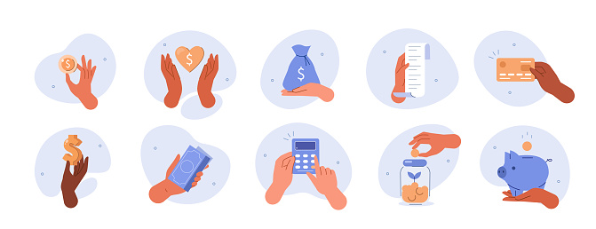 Hand gestures illustration set. Characters hands holding bill, credit card, cash money and other business and finance stuff. Financial activity concept. Vector illustration.