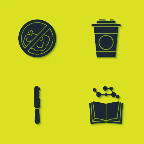 Vector illustration of Set No trash, Open book, Disposable plastic knife and Paper glass icon. Vector