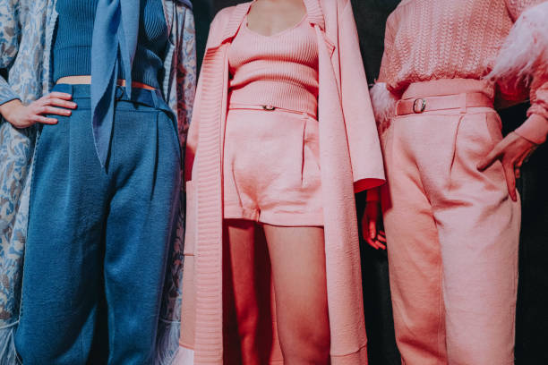 figuras femeninas en elegantes pantalones de suéter y cárdigans de punto azul rosa. - modelos de alta costura fotografías e imágenes de stock