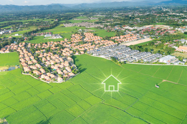 istock Green fields and dream house in aerial view. 1475244340