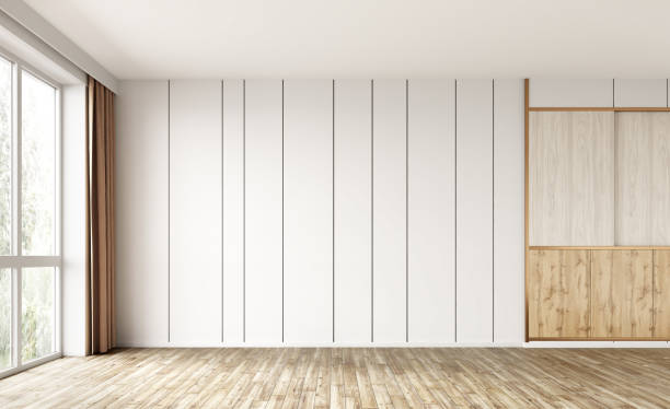 istock Empty room interior background, white paneling wall, wooden flooring and big window. 3d rendering 1475250110