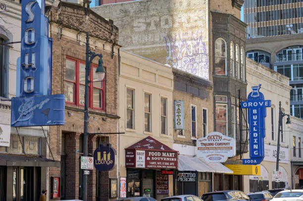 Austin, Texas, USA - February 2023: Buildings on sixth street in the city centre. It is a popular destination for nightlife in bars