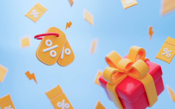istock 3d background from yellow coupons and red gift box with blur effect on light blue background. For promotion, marketing and advertising in social networks. 3d rendering 1475251929