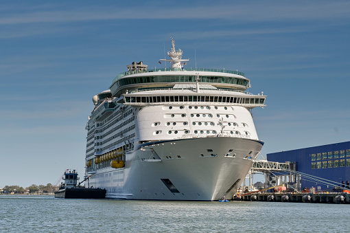 Galveston, Texas, USA - February 2023: Cruise ship Adventure of the Seas docked in the city's port. It is operated by Royal Carribean International RCI.