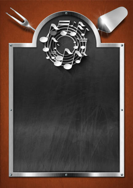 Template for Food and Drink Menu and Music Events Template for food and drink menu and music events, empty blackboard with copy space, musical notes and kitchen utensils. 3d illustration. concert poster template stock pictures, royalty-free photos & images