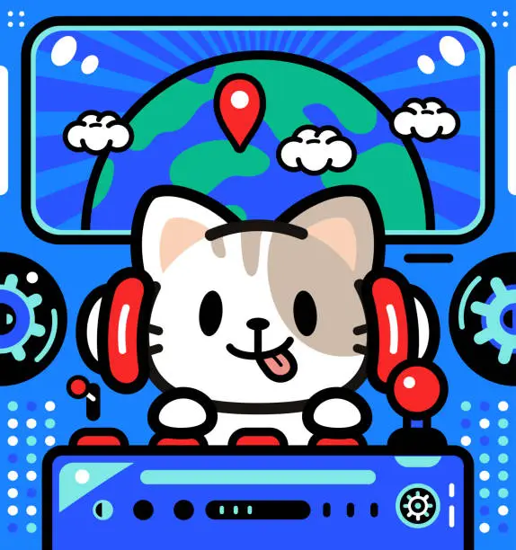 Vector illustration of A cute little cat is piloting an Unlimited Power Spaceship traveling around the world