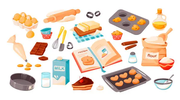 Vector illustration of A set of baking ingredients. Products and kitchen tools for cooking baking recipes. Cartoon vector illustration