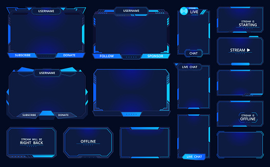 Game stream frames. Futuristic gamers live streaming interface screen, mmo game menu garish frames flat vector illustration set. Gamers stream elements