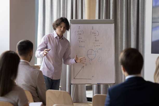 istock Young business trainer gives presentation on flip chart 1475257213