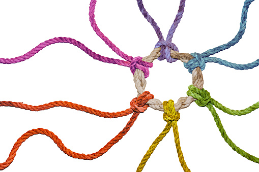 Rustic ropes in rainbow colors from different directions join together in a knotted ring, symbol of diversity, solidarity and cohesion, isolated on a white background, copy space