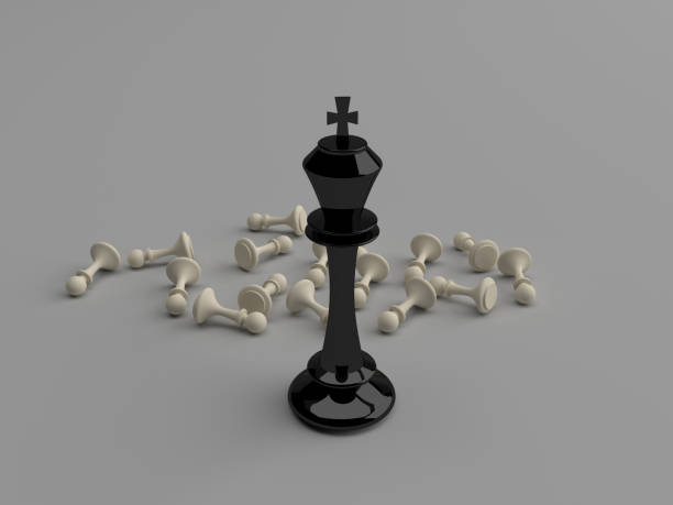 Black king chess piece standing on chess board  3d stock photo