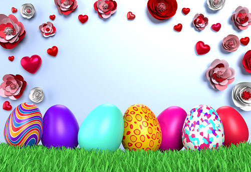 Cute decorated Easter eggs and Easter bunny are on green grasses with Happy Easter text. Easy to crop for all social media and print design sizes.