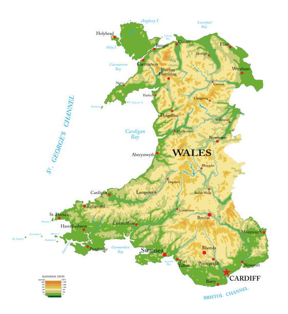 высокодетализированная физическая карта уэльса - wales map anglesey caernarfon stock illustrations