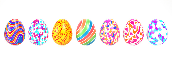 Seven different colorful decorated Easter Eggs on reflective white surface. Easy to crop for all social media and print design sizes.