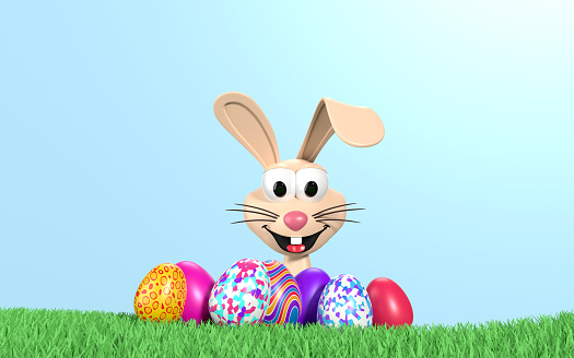 Cute decorated Easter eggs and Easter bunny are on green grasses under a clear blue sky. Easy to crop for all social media and print design sizes.