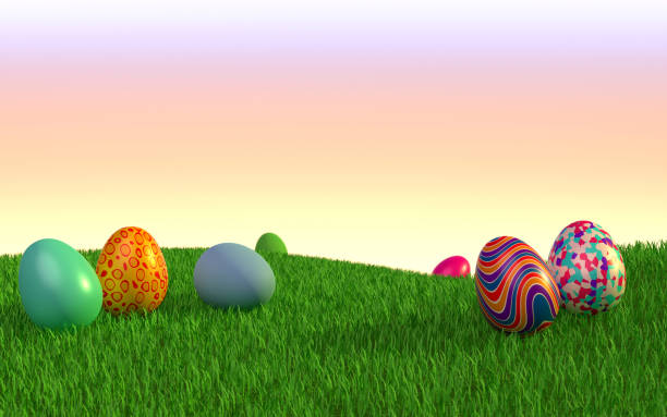 istock Decorated Easter Eggs are Lying on the Grass Against Clear Sky at Sunset 1475267120