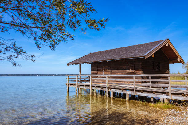 Wooden house with wooden pier next to a lake