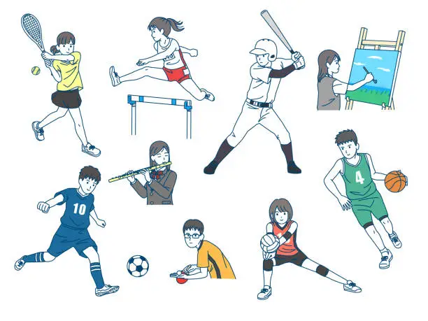 Vector illustration of Junior high and high school students who belong to various club activities