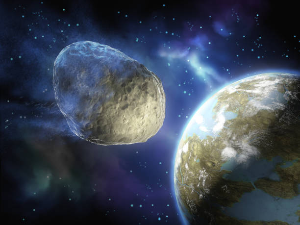 Asteroid on a collision path with a planet stock photo