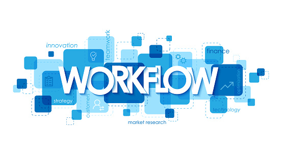 WORKFLOW blue vector typography banner with icons and keywords