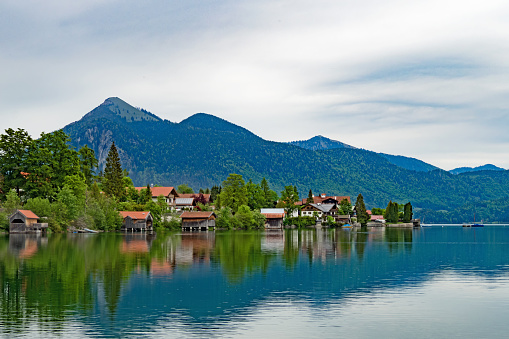 View of the village Walchensee at the alpine lake Walchensee in Bavaria, Germany