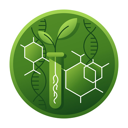 Agricultural biotechnology - science involving the use of scientific techniques to modify living organisms. Green color icon line or university logo template
