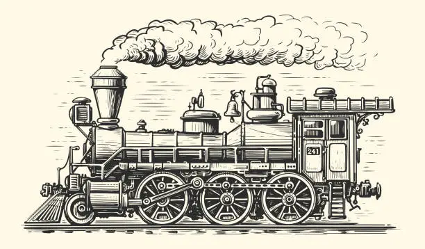 Vector illustration of Hand drawn moving retro train, sketch. Vintage steam locomotive transport in style of old engraving. Vector illustration