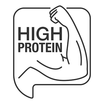 High Protein square sticker for energy nutrition that useful for muscles. Flat Vector isolated stamp