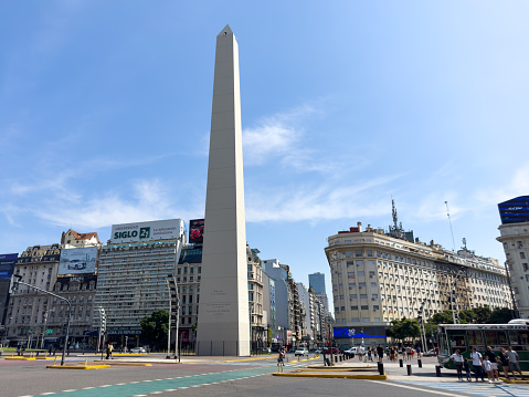 Buenos Aires, Argentina - May 19, 2018: Buenos Aires Obelisk at Plaza de la Republica at sunset - Buenos Aires, Argentina