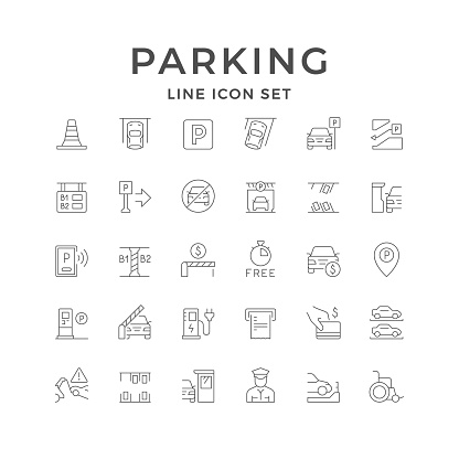 Set line icons of parking isolated on white. Car evacuation, barrier, slot machine, mobile payment, booth or stall. Vector illustration