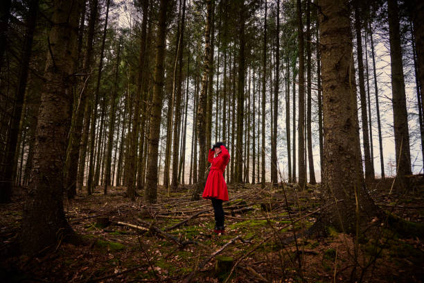 woman strolls gracefully along a winding path in a lush green forest. She wears a flowing red dress that contrasts beautifully with the dark, towering trees, creating an enchanting atmosphere.