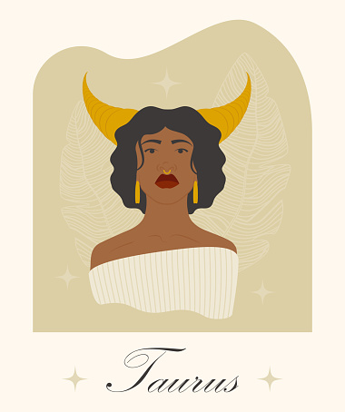 Taurus zodiac sign black woman cartoon vector illustration. Mystic afro lady, horoscope sign personality. Character for commercial, printing design