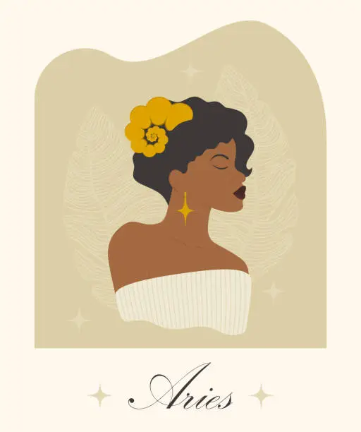 Vector illustration of Aries zodiac sign woman with cute horns illustration. Afroamerican lady in beige dress astrological symbol.