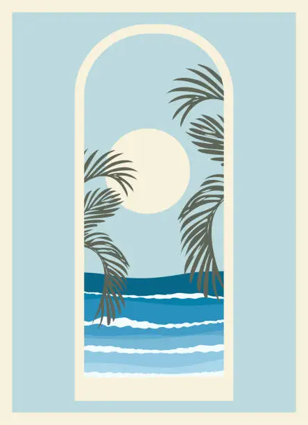 Vector illustration of Minimalist seaside landscape view through window. Sea and palms poster. Minimalistic style architecture.