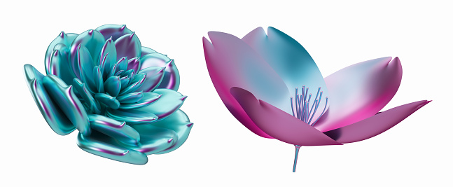 Holographic plants, flowers isolated on white background. Cut out graphic design elements. Trendy and futuristic, iridescent objects. 3D rendering