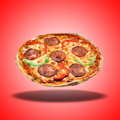 Floating Pizza Siciliana On Red Radial Gradient Stock Photo