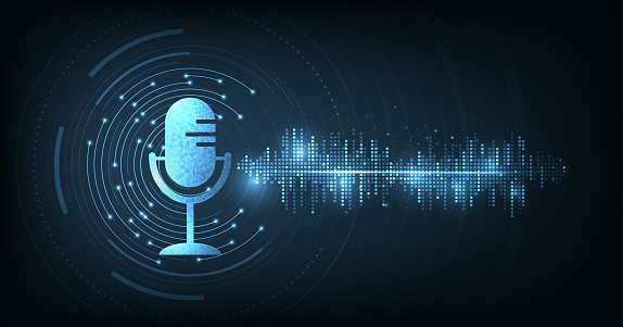 Illustration of Podcast icon with circle vector background. Podcast logo, Microphone icon on dark blue background.