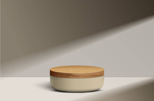 istock Geometric shapes in an abstract minimal scene. Wooden product display podium on white background with light for mock-up cosmetic, spa product. 3D Stage showcase on pedestal display background studio 1475281117