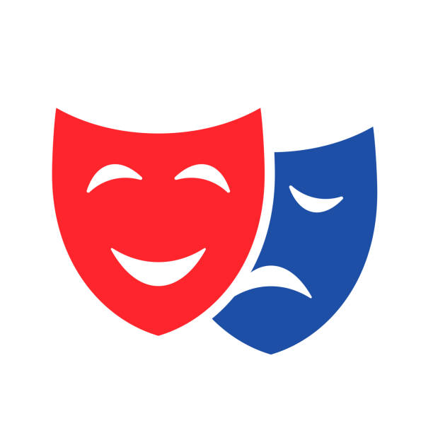 Theatre masks icon, happy and sad mood symbols Happy and sad theatre masks icon isolated on white background hypocrisy stock illustrations