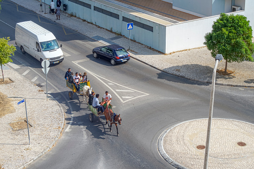 cart pulled by donkeys with gypsy people driving on a paved road approaching the roundabout