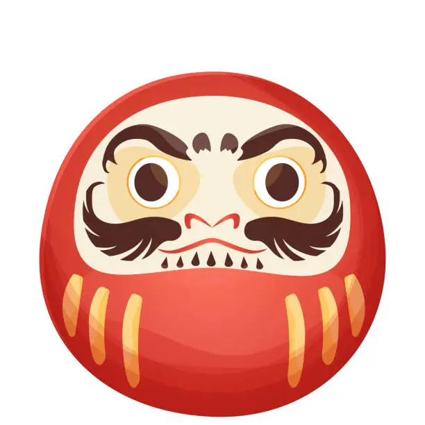 Vector illustration of Daruma red traditional japan doll talisman with angry face, geld elements in cartoon style isolated on white background. Vector illustration