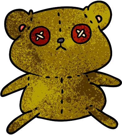freehand drawn textured cartoon of a cute stiched up teddy bear