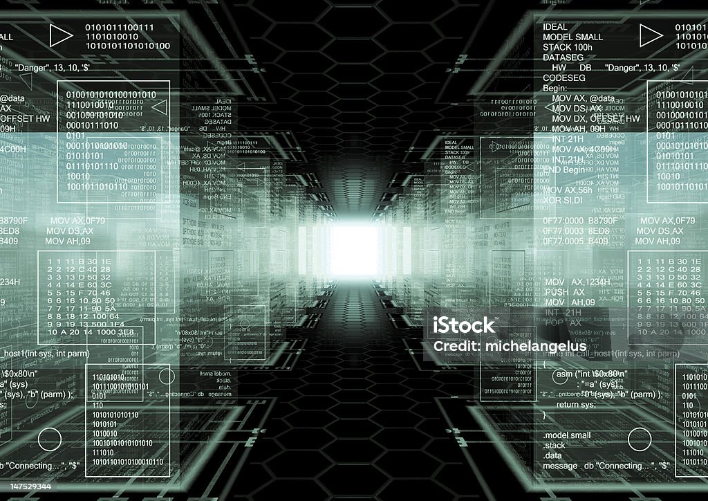 Hacker world 3d generated green abstract background with a hex pattern floor  and a lot of cubes with green assembly programming language text Computer Language Stock Photo