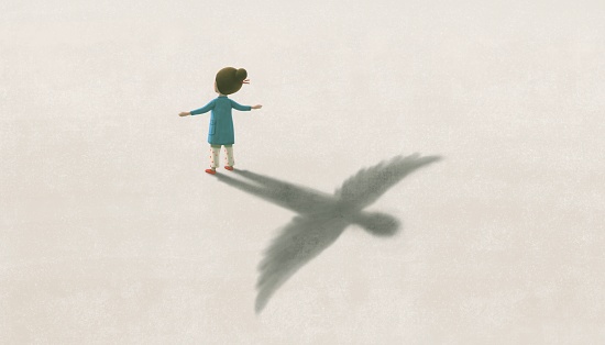 imagination artwork ,Girl with flying bird shadow , painting art, conceptual illustration, inspiration dream  freedom  ambition life and hope concept,  surreal conceptual artwork.