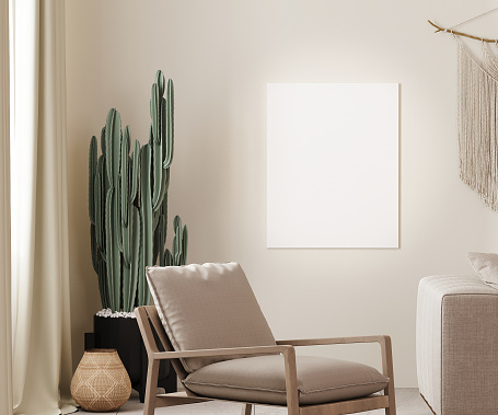 Mock up canvas frame in boho interior background with cactus, 3D render illustration