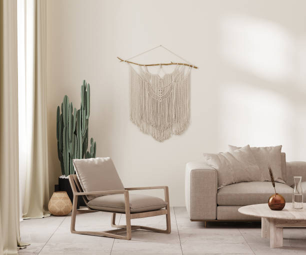 istock Boho style interior in earth tones, beige wall, armchair and sofa, decor and cactus, macrame on wall, 3d render 1475298903