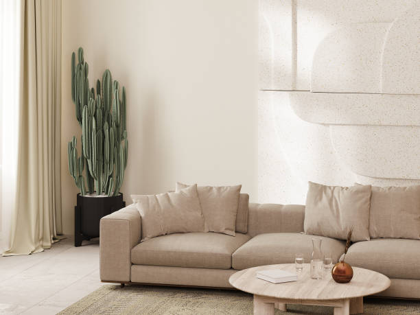 istock Modern living room interior in beige tones with sofa and coffee table, cactus and stone wall panel, 3d render 1475298907