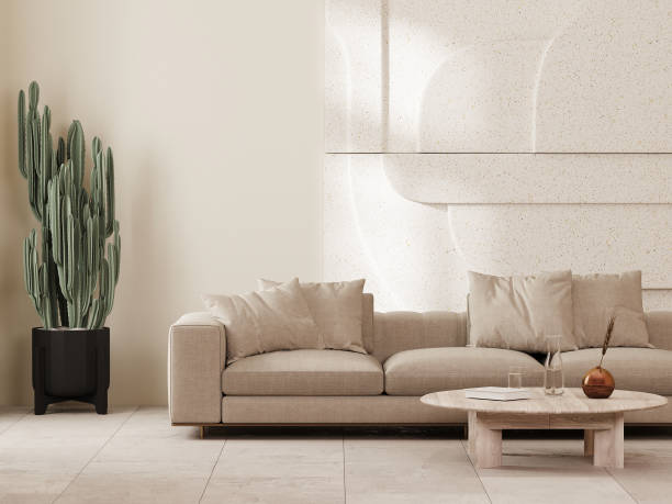 istock Modern living room interior in beige tones with sofa, cactus and stone wall panel, 3d render 1475298920